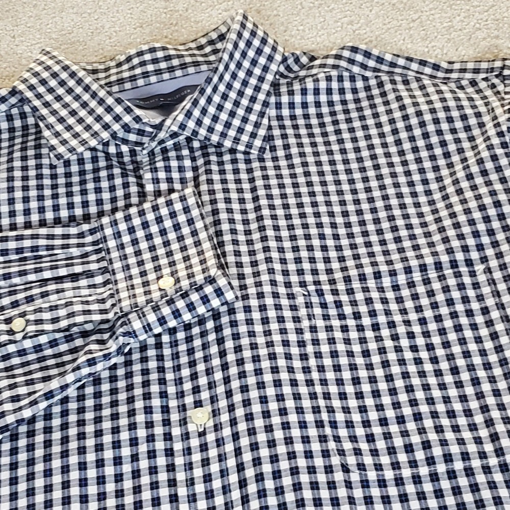 Tommy Hilfiger Button Down Shirt Men's 18 34-35 Blue White Gingham Plaid